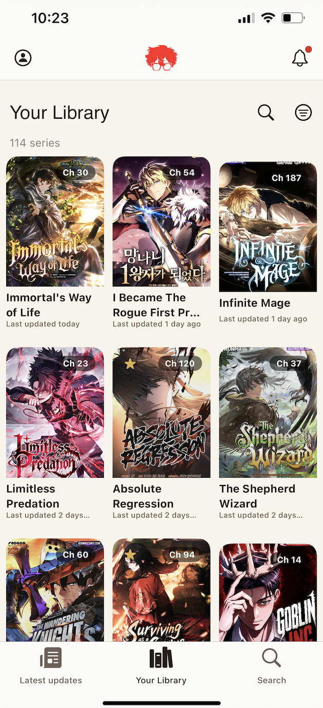 ManhwaShelf library — a shelf of tracked manhwa series
