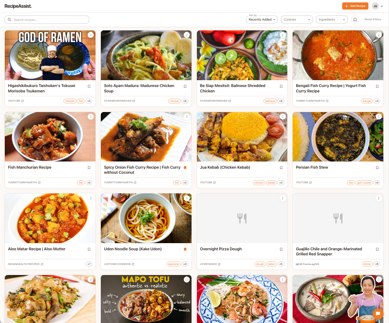RecipeAssist browse view — a grid of AI-structured recipe cards
