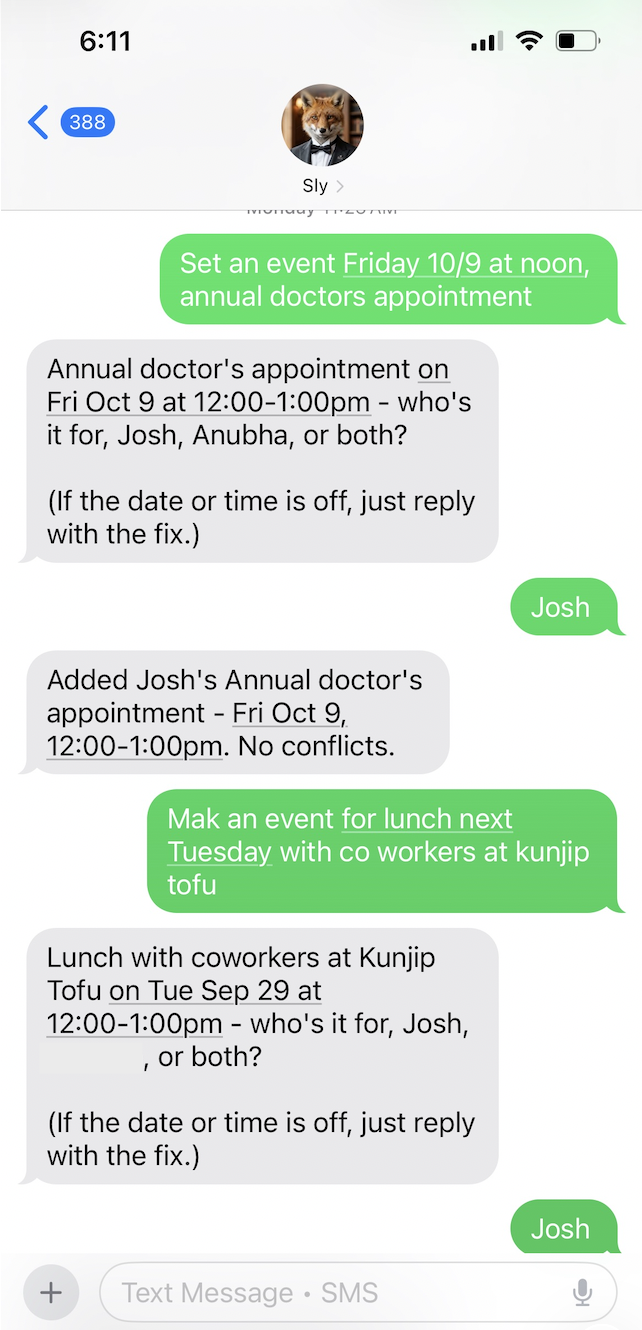 Sly scheduling an event over text