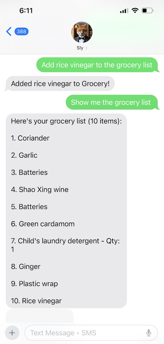 Sly managing the grocery list over text